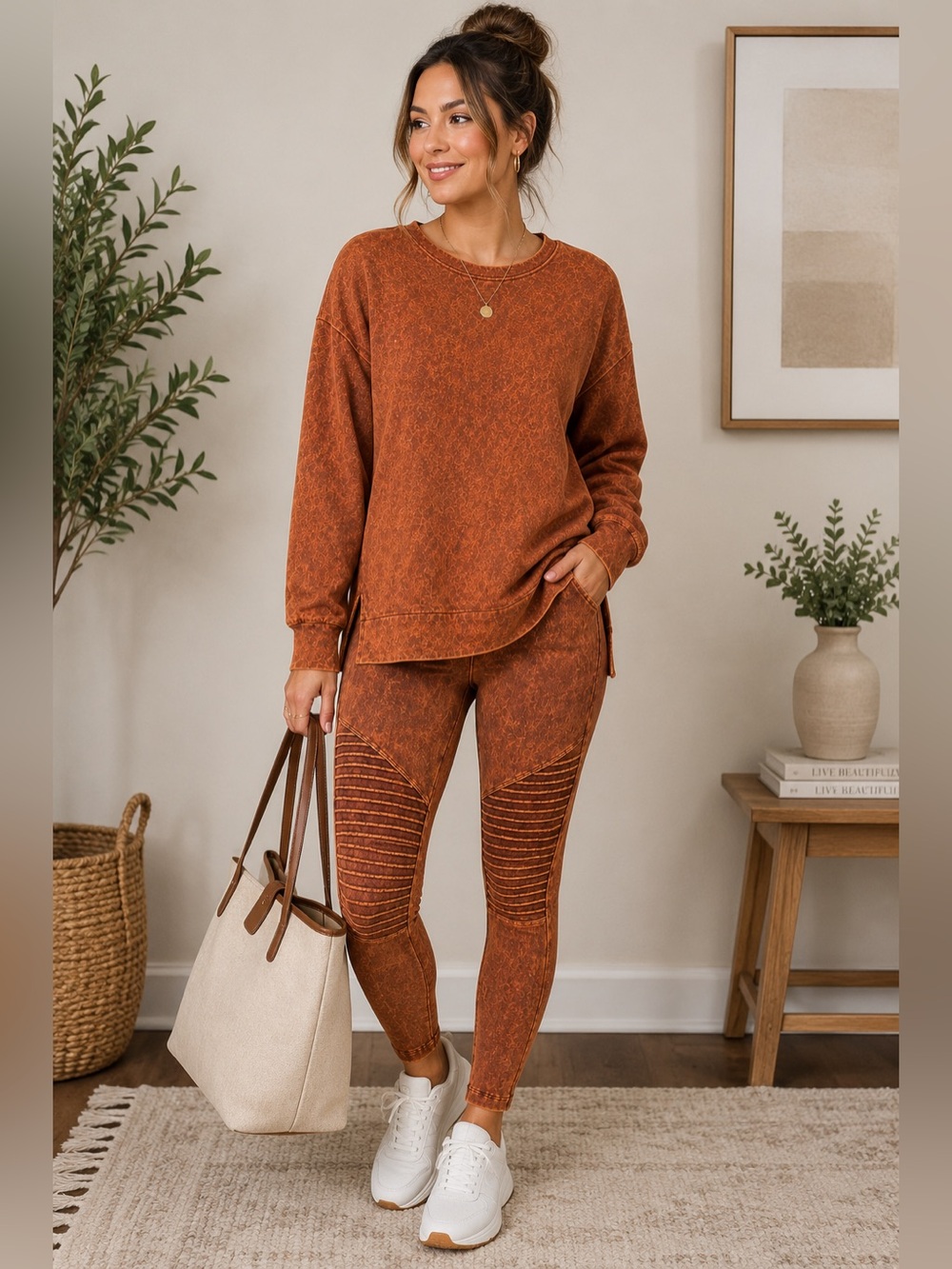 Zenana Rust Orange Washed Sweatshirt and Moto Legging Set Size S
